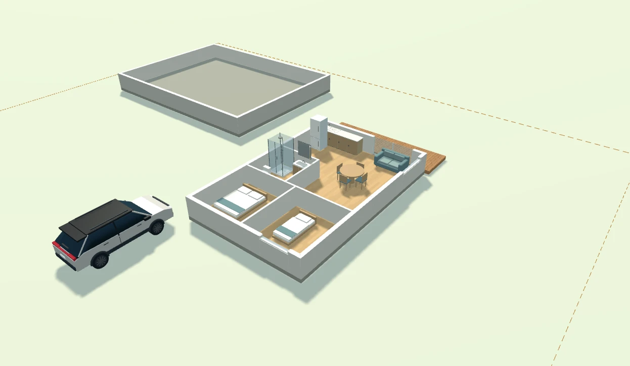 PlanWot 3D cutaway showing bedrooms, a kitchen and living area in a fictional sample dwelling