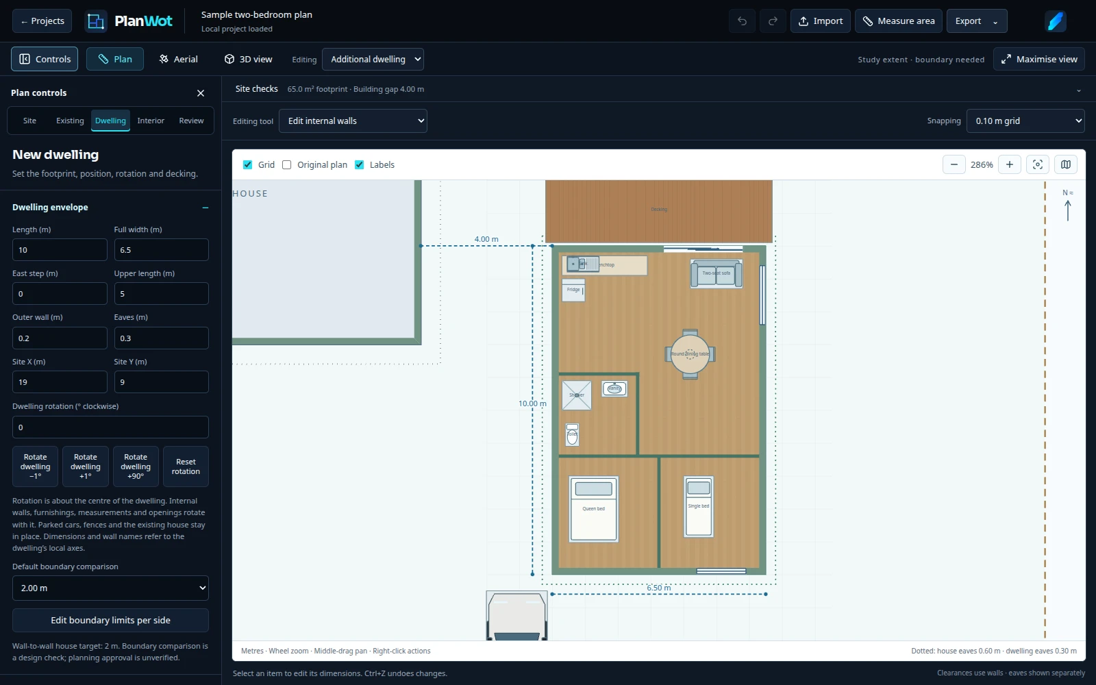 The PlanWot editor with wall controls, precise dimensions and a furnished concept floor plan