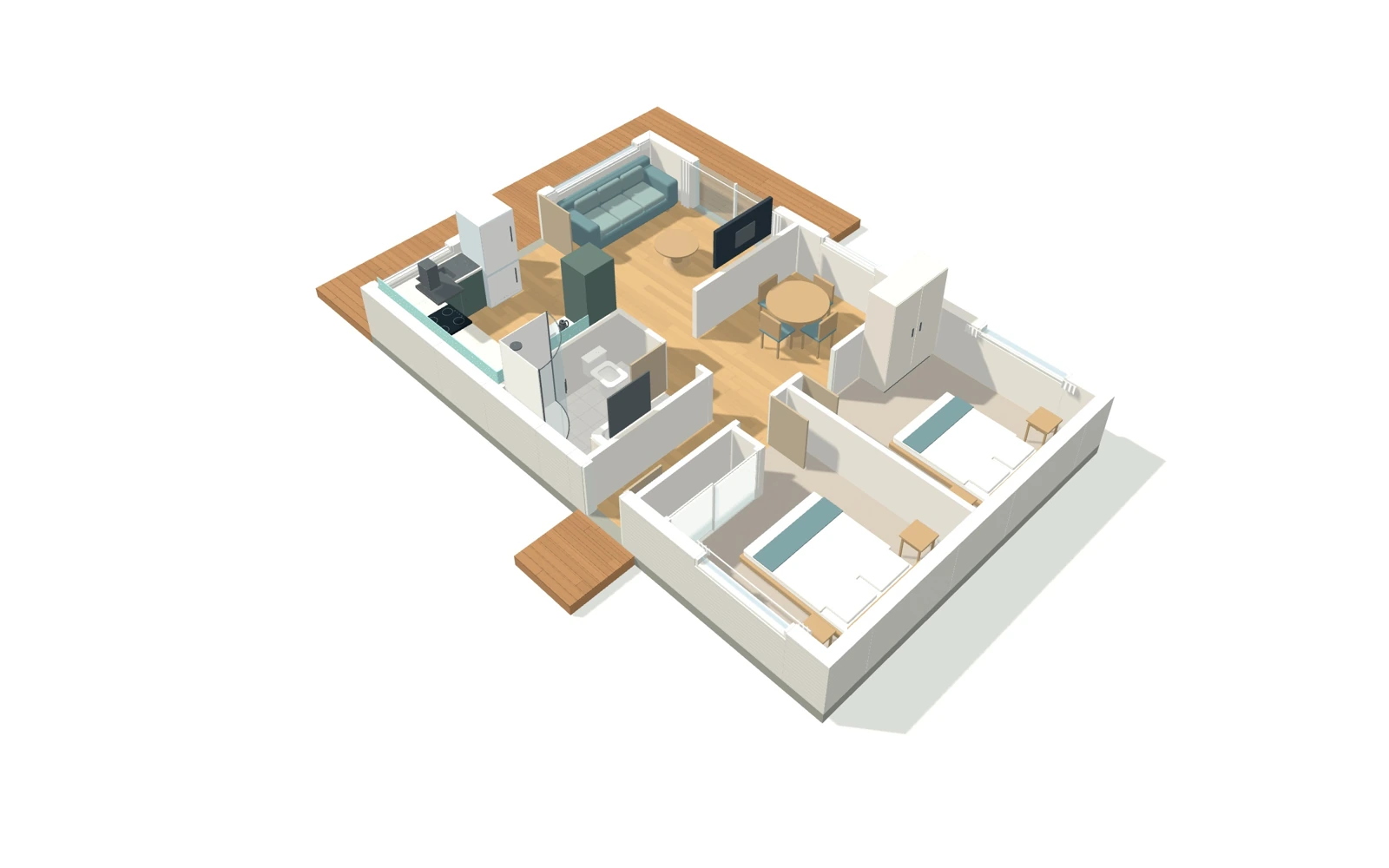 A close cutaway render of the same sample home with bedrooms, bathroom, kitchen and living furniture