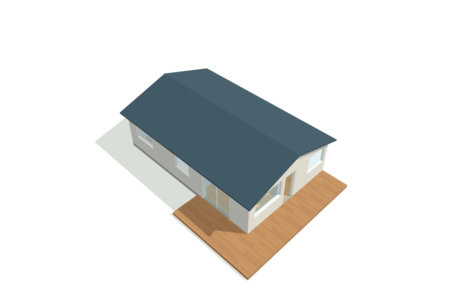 An exterior render of the fictional sample home with its roof, windows, cladding and deck